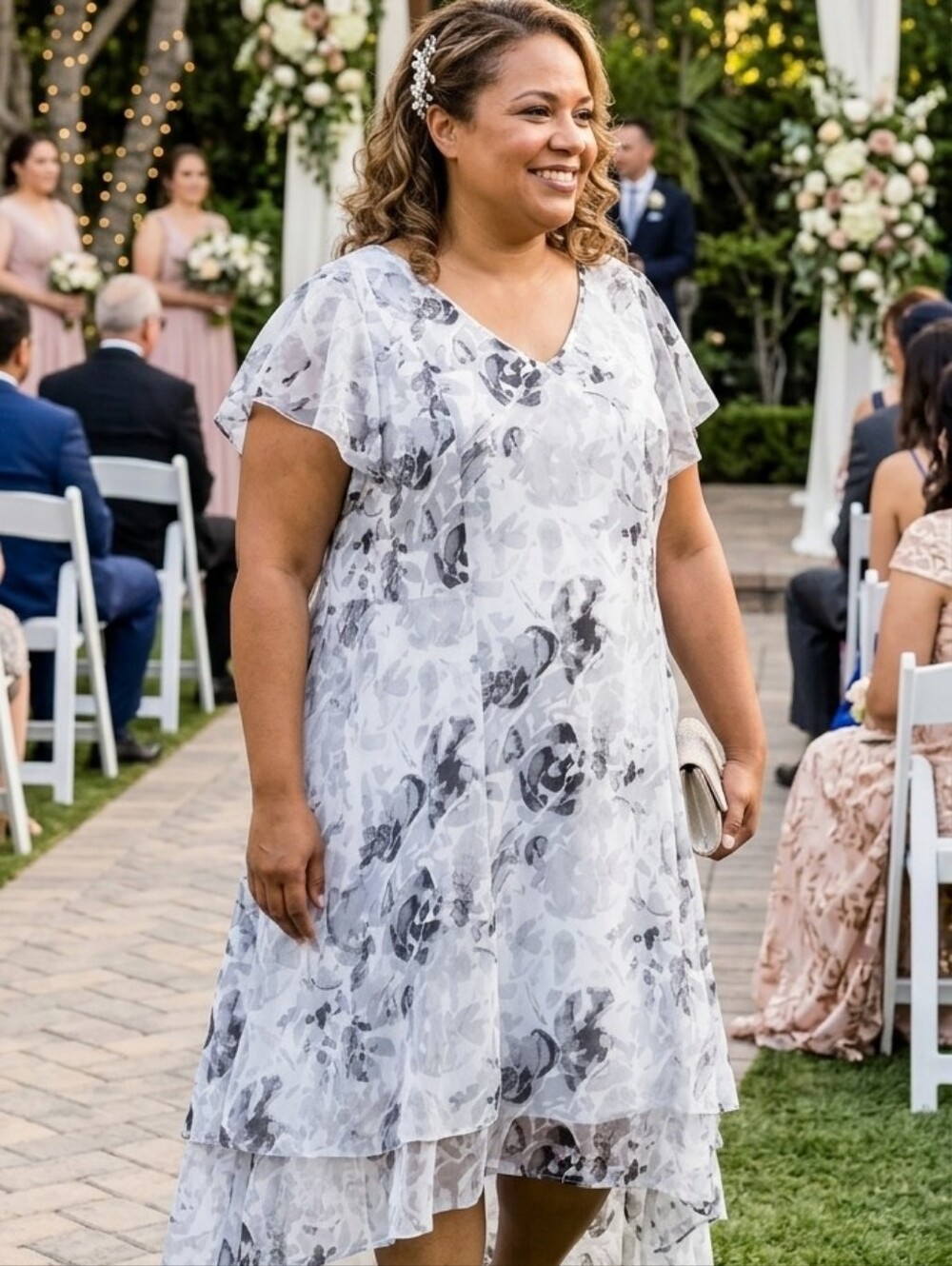 H BY HOLSTON Floral V-Neck A-Line Midi Dress in Light Gray